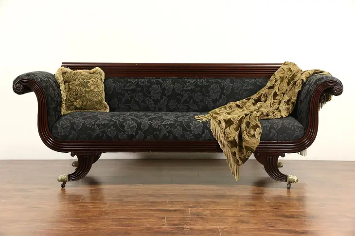 Empire 1820's Antique Carved Mahogany Sofa, New Upholstery