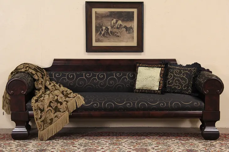 Empire 1830's Antique Flame Mahogany Sofa, New Upholstery