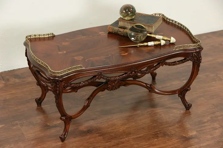 Rosewood Marquetry Carved 1950 Vintage Coffee Table, Brass Galleries