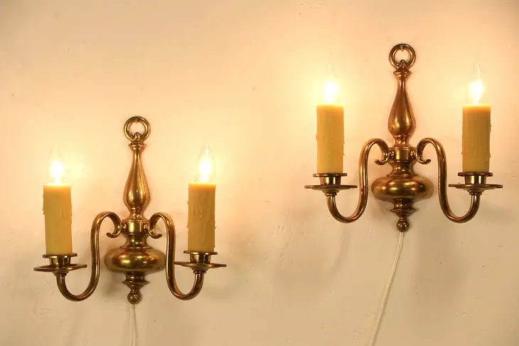 Pair of 1910 Antique Brass Wall Sconce Lights, Beeswax Candles