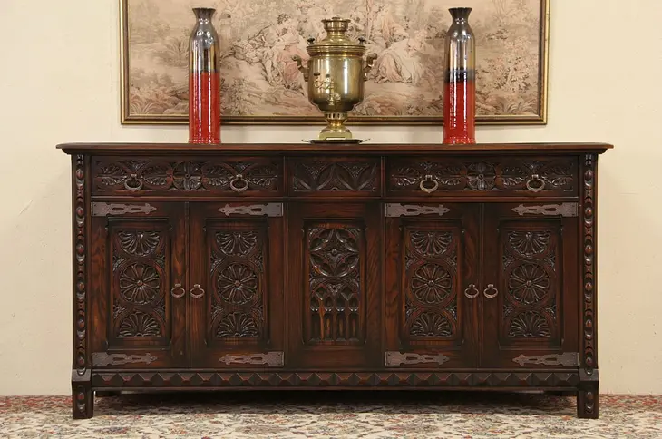 English Tudor 1925 Carved Oak Sideboard, Server or Buffet