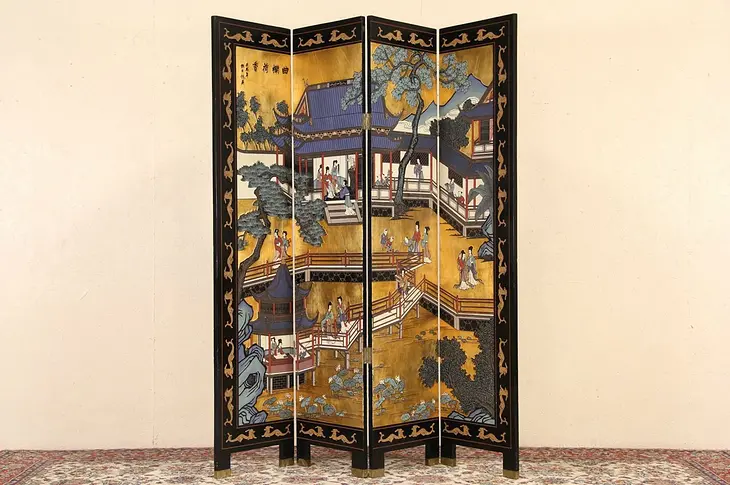 Chinese 4 Panel Hand Painted Coromandel Vintage Screen