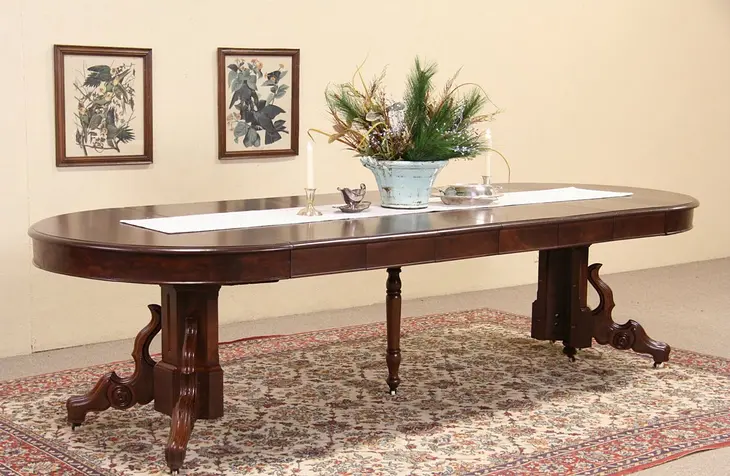 Victorian 1870 Antique Dining Table, 6 Leaves Extend 9' 8"