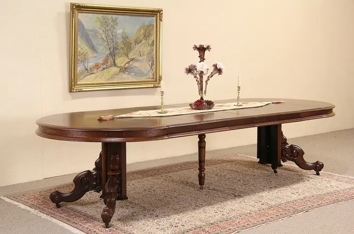 Victorian Round Carved Walnut 1880 Antique Dining Table, 6 Leaves, 10' Long
