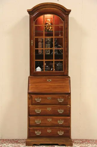Cherry Vintage Secretary Desk & Lighted Bookcase