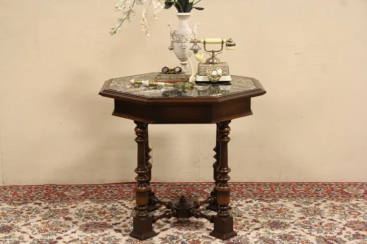 Octagonal Black Marble Top 1920's Center or Lamp Table