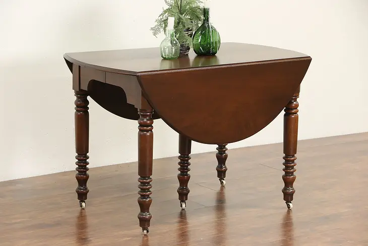 1880 Antique Victorian Walnut Drop Leaf Dining Table, 4 Leaves, Extends 8' 4"