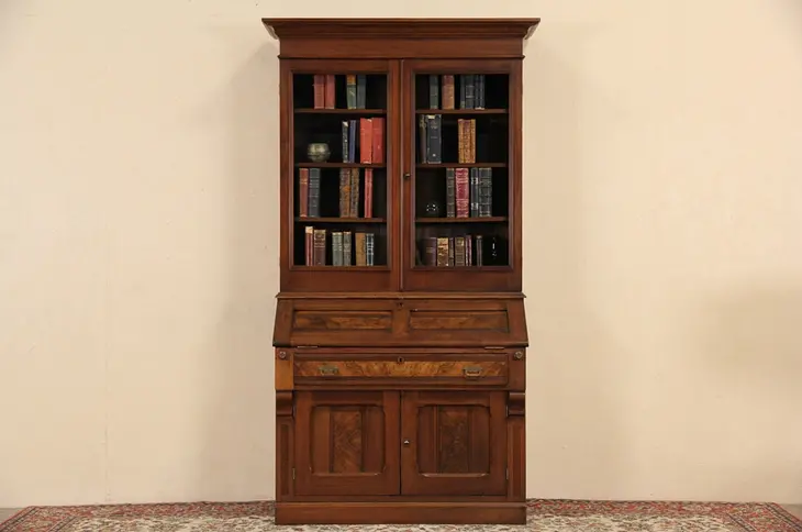 Eastlake 1880's Antique Walnut Secretary Desk, Bookcase Top