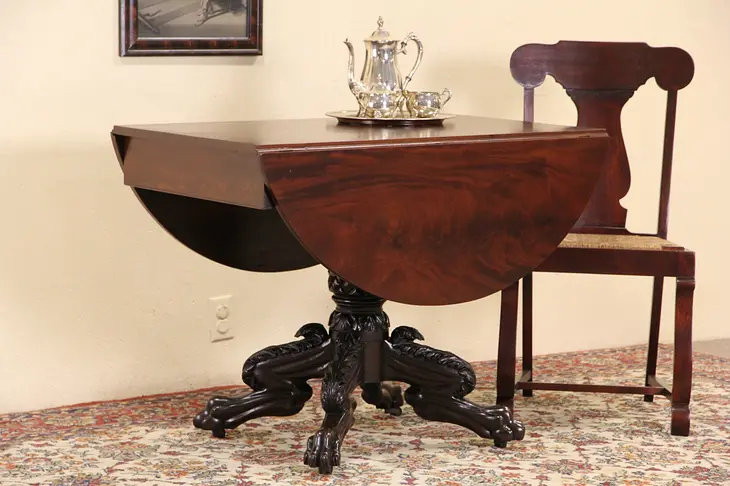 Empire 1830's Antique Lion Paw Foot Drop Leaf  Console, Breakfast or Tea Table