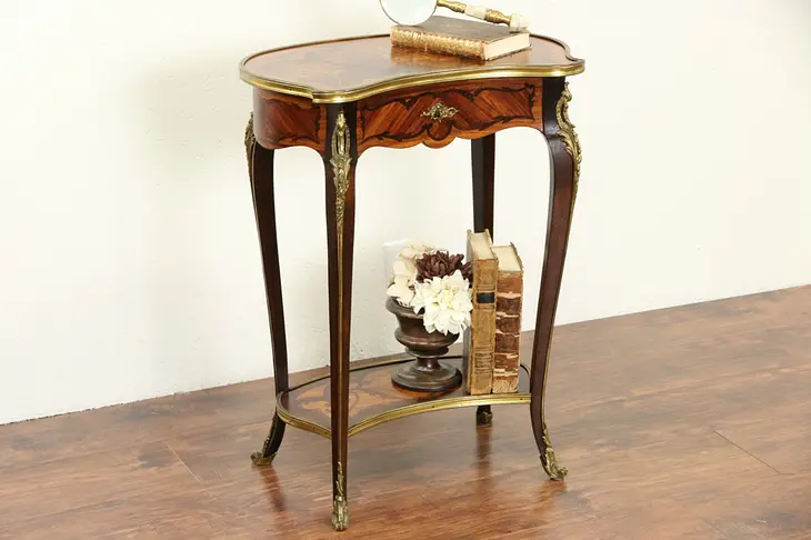 French 1890's Antique Rosewood Marquetry Side Table, Bronze Mounts
