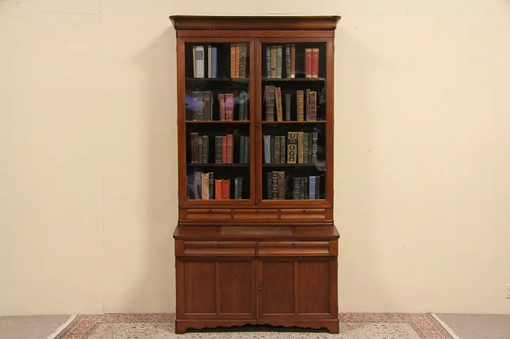 Walnut 1850 Antique Bookcase with Writing Desk, Wavy Glass