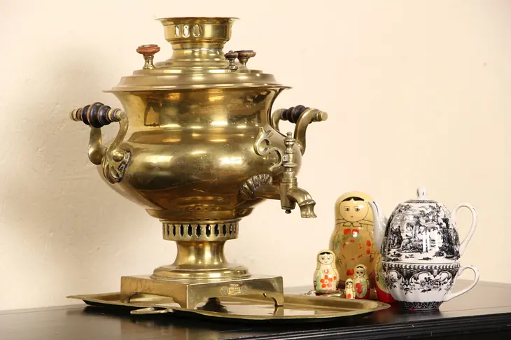 Russian 1870 Brass Antique Signed Samovar Tea Kettle & Tray