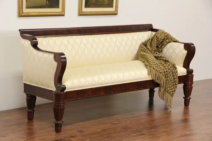 American Empire 1830's Antique Mahogany Sofa, Newly Upholstered