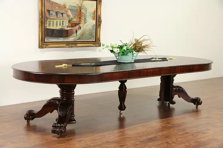 Empire 54" Round Mahogany 1900 Antique Lion Paw Dining Table, Extends 10' 5"