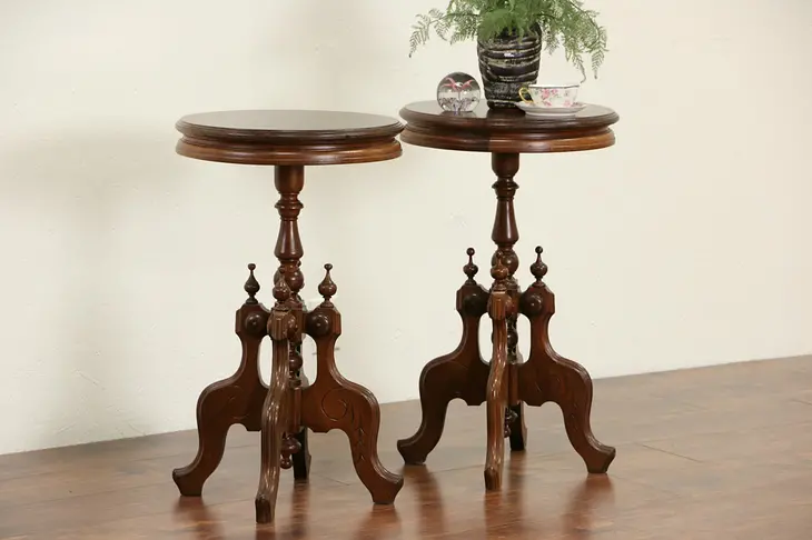 Pair of  Victorian 1880 Antique Carved Walnut Pedestal Tables or Nightstands