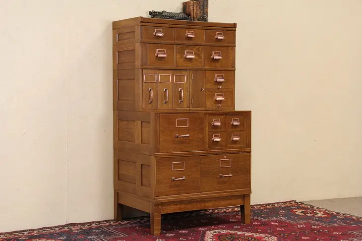 Oak Stacking 1910 Antique 18 Drawer File Cabinet, Signed Yawman NY