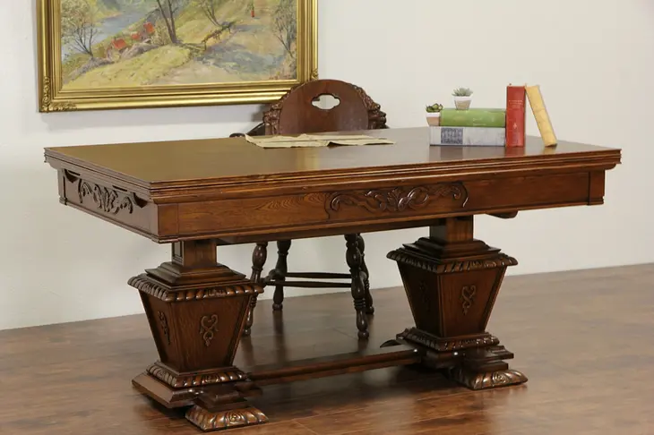 Scandinavian Carved Oak 1920's Library, Writing or Dining Table