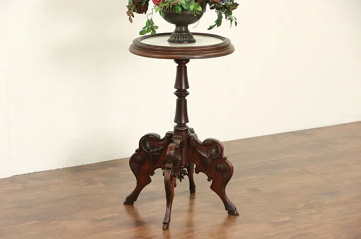 Victorian 1860's Marble Top Lamp Chairside Table, Carved Walnut Leaves & Hooves