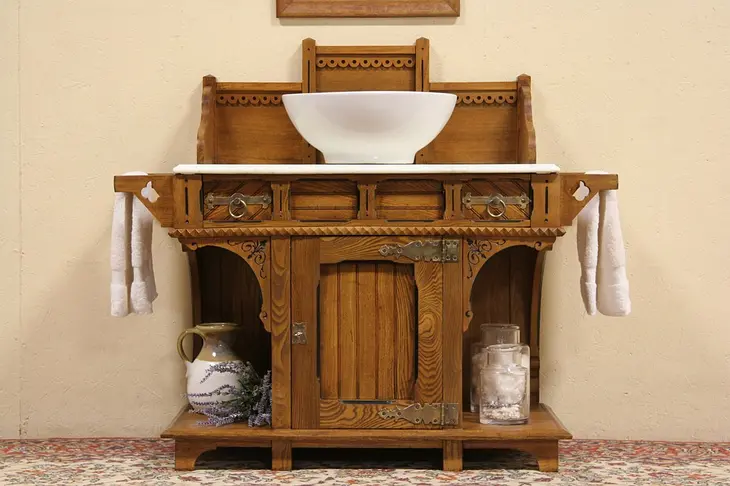 Victorian Eastlake 1880 Oak Marble Top Washstand, Server or Bar