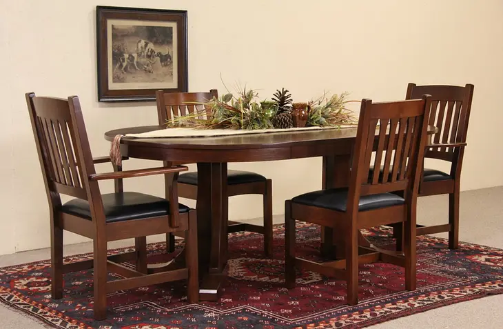 Stickley Vintage Arts & Crafts Dining or Game Table Set, 4 Chairs