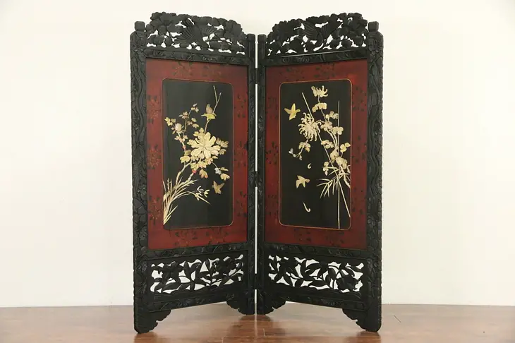 Asian 2 Panel 1900 Antique Screen w/ Birds, Hand Painted Lacquer, Carved Stone