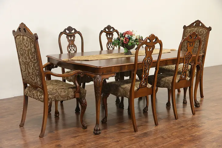 Burl Carved Dining Set, 1950 Vintage Table, Leaf & 6 Chairs, New Upholstery