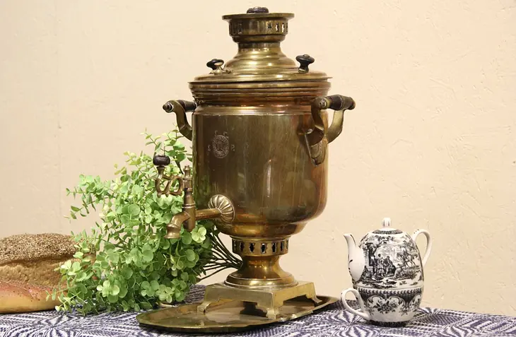 Russian Brass Samovar Tea Kettle & Tray