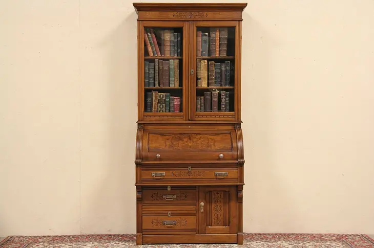 Eastlake 1880 Walnut Cylinder or Barrel Roll Top Secretary Desk & Bookcase