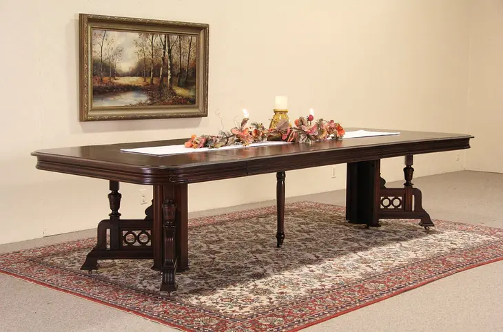 Victorian Eastlake 1885 Antique Walnut Dining Table, 6 Leaves Extend 10'