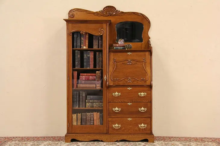 Oak Side by Side 1900 Antique Secretary Bookcase Combination