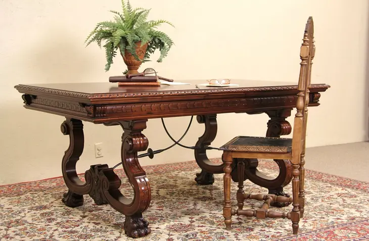 Spanish Colonial Carved Vintage Library or Dining Table, Pull Out Leaves