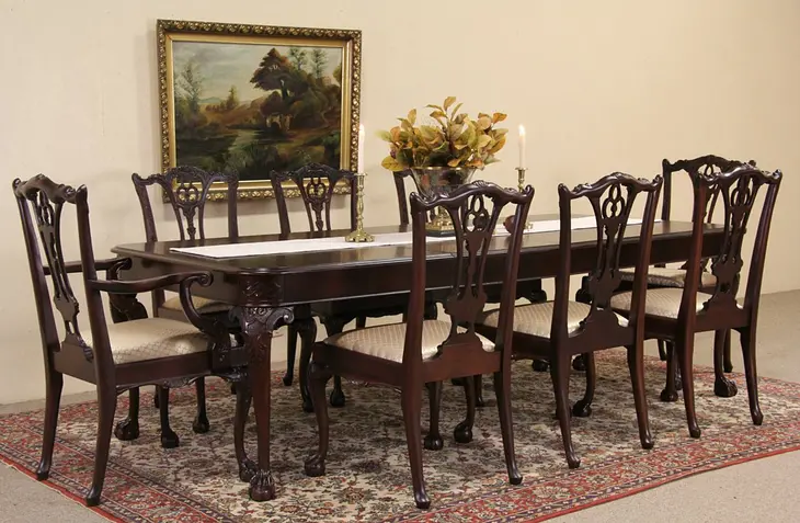 Georgian Vintage Carved Mahogany Dining Set, Table, 3 Leaves, 8 Chairs