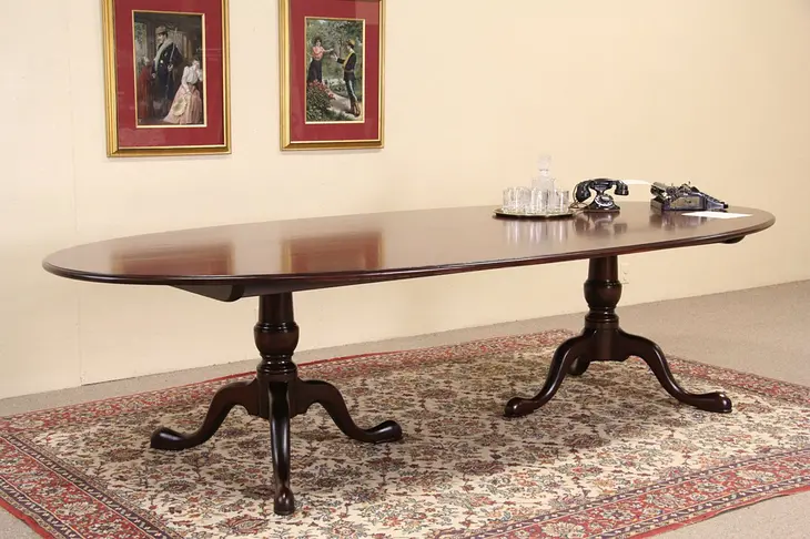 Kittinger Signed Oval Vintage 10' Mahogany 2 Pedestal Conference or Dining Table