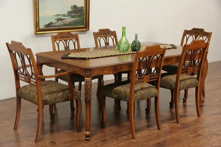 Regency Style Carved 1940's Vintage Dining Set, Table, 2 Leaves, 6 Chairs