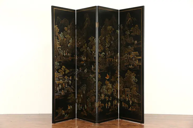 Chinese Hand Painted 4 Panel Black Lacquer Vintage Screen