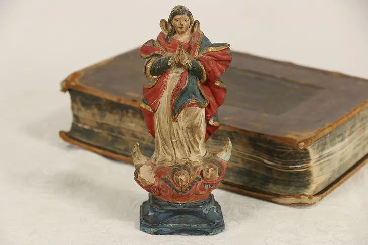 Santo Virgin Mary late 1700's Sculpture, Hand Painted Miniature Statue