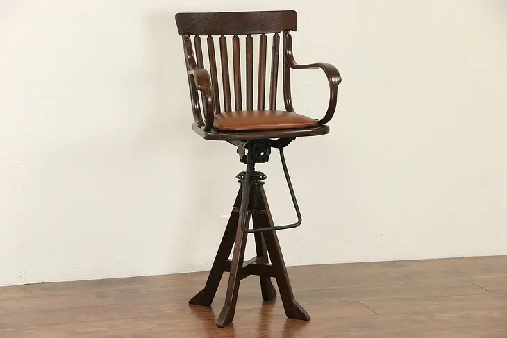 Oak Swivel 1900 Antique Architect or Drafting Stool, Leather Seat, Signed