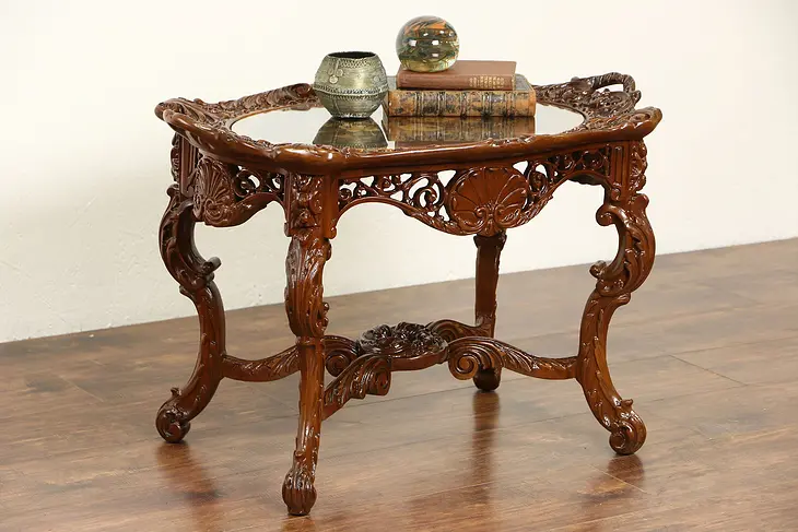 Renaissance Carved 1925 Coffee Table, Inlaid Rosewood Marquetry