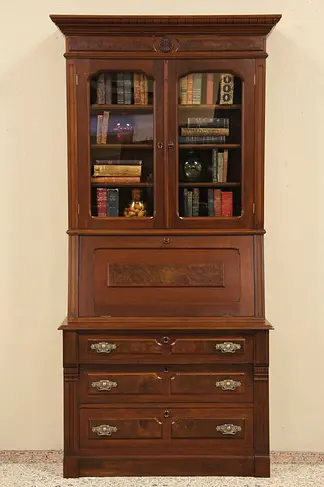 Victorian 1885 Secretary Desk, Bookcase Top