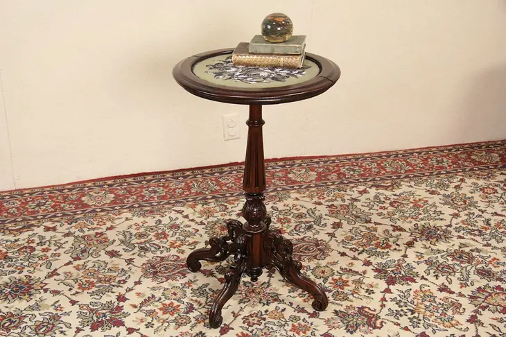 English 1850's Antique Faux Rosewood Table, Glass Bead Stitchery Top