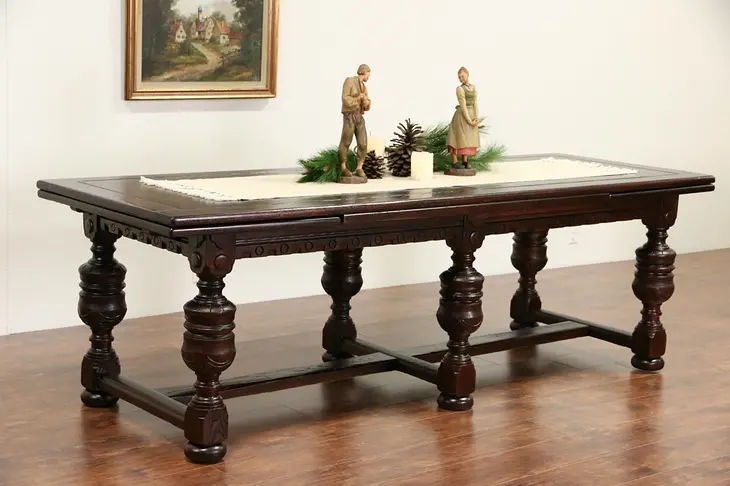 English Tudor 8' Oak Dining or Library Table Extends 12', 1926 Sorority House