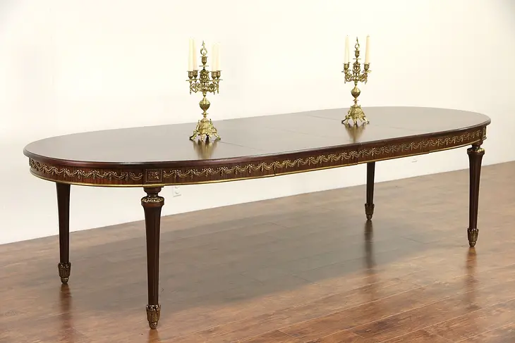 Spanish 1940's Vintage Oval Dining Table, Bronze Mounts, 2 Leaves, Extends 9' 8"