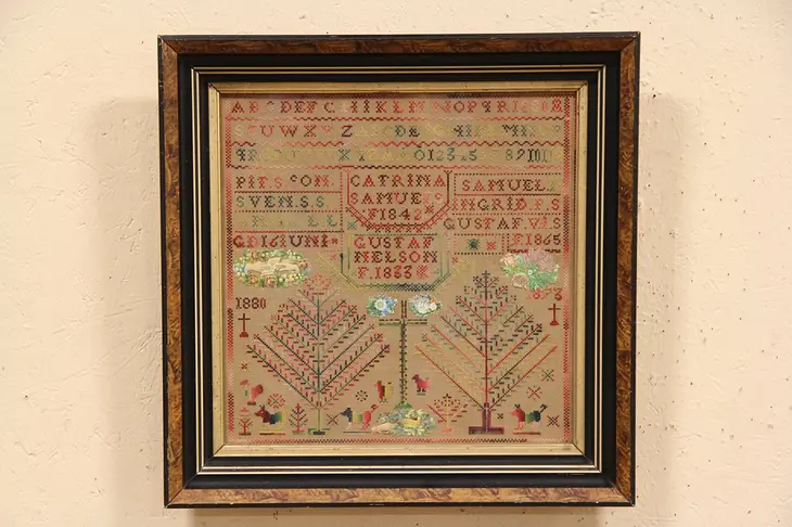 Needlework 1880 Dated Antique Sampler, Chickens & Dogs