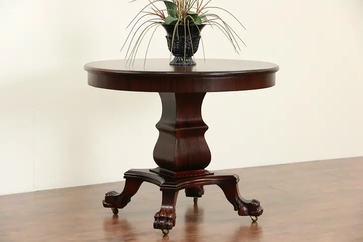 Empire 1900 Antique Round Mahogany Center, Game or Breakfast Table, Paw Feet