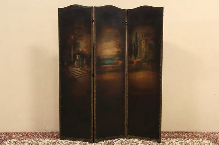 Triple Antique 1910 Screen, Hand Painted Scenes