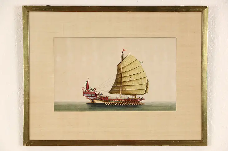 Chinese 1900's Antique Original Painting of Galley Sailing Ship