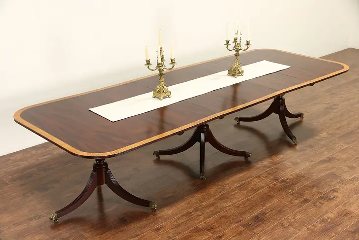 Mahogany Banded Vintage Dining Table, 3 Pedestals, 2 Leaves, Extends 11'