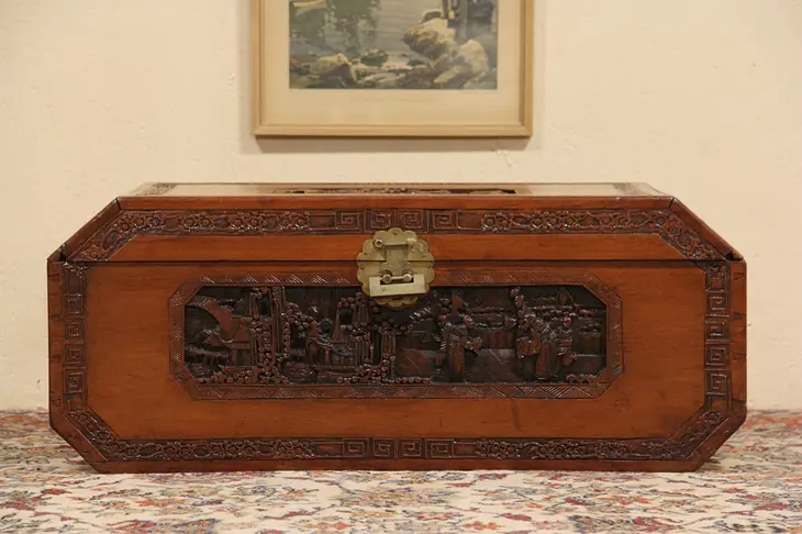 Carved Chinese Teak Trunk or Coffee Table