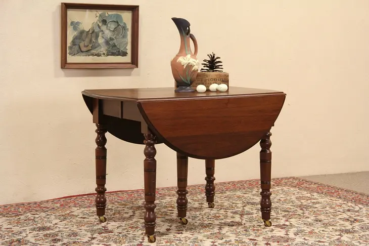 Victorian 1885 Antique Oval Walnut Dropleaf Dining Table, 6 Leaves