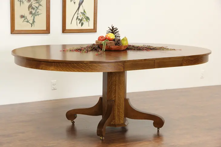 Round 54" Oak 1900 Antique Pedestal Dining Table, 2 Leaves